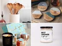 Four wedding shower host and hostess gifts: wooden serving spoons, spoon rests, a succulent, and a thank-you gift box