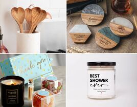 Four wedding shower host and hostess gifts: wooden serving spoons, spoon rests, a succulent, and a thank-you gift box
