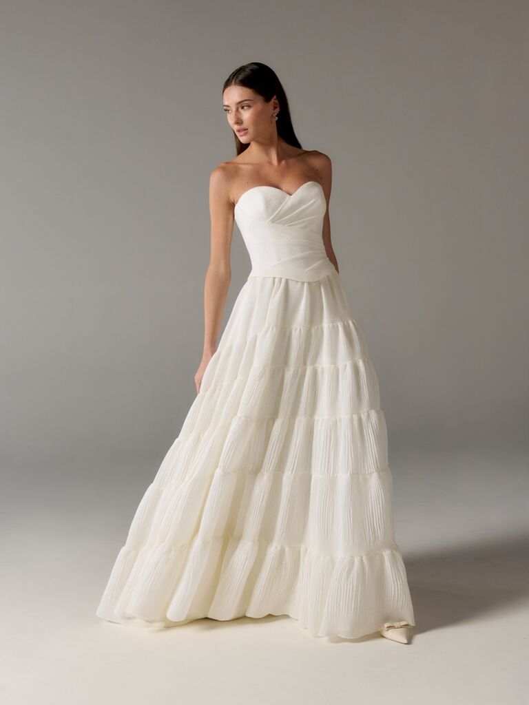 Poeza strapless sweetheart wedding dress with ruched bodice and tiered skirt