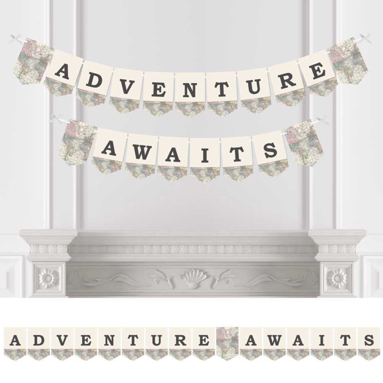 Travel-inspired Adventure Awaits bunting for your bridal shower