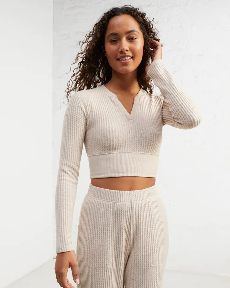 waffle cropped henly top and wide leg pants set