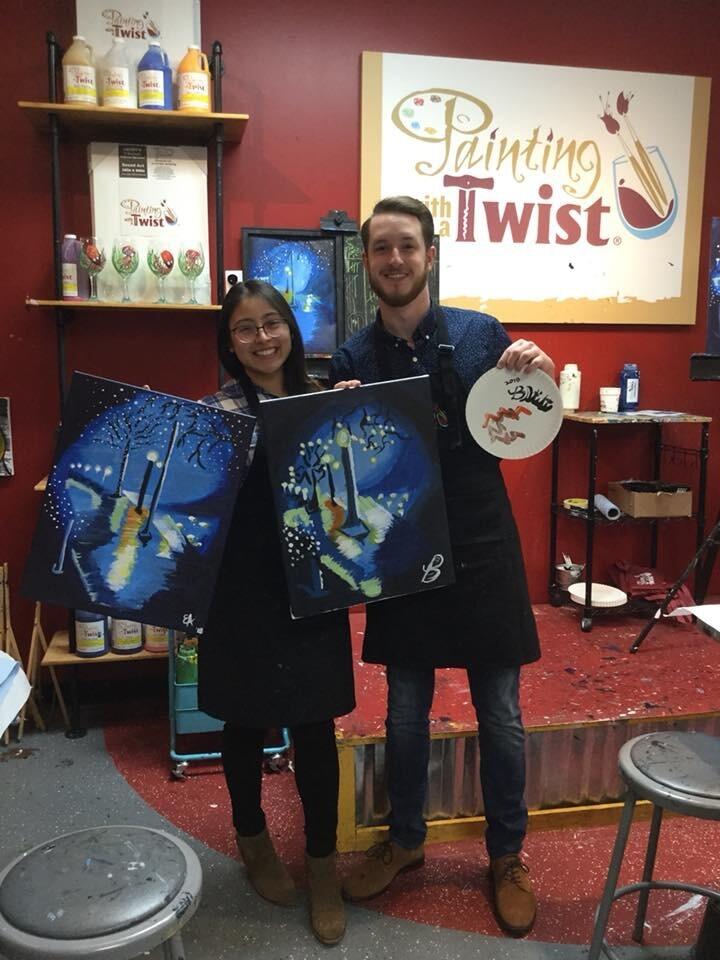 We LOVE food and on this day we literally brought a buffet to our Painting with a Twist date...sushi, chips, guac, and lots of wine! During a painting competition they asked us to draw a pig without looking. Brayden drew a strip of bacon...he won the best artist prize. 