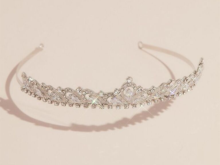Crystal tiara with teardrop style design and rhinestone band on bottom