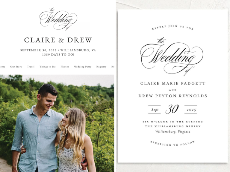 traditional wedding website design and matching invitations with calligraphy font 