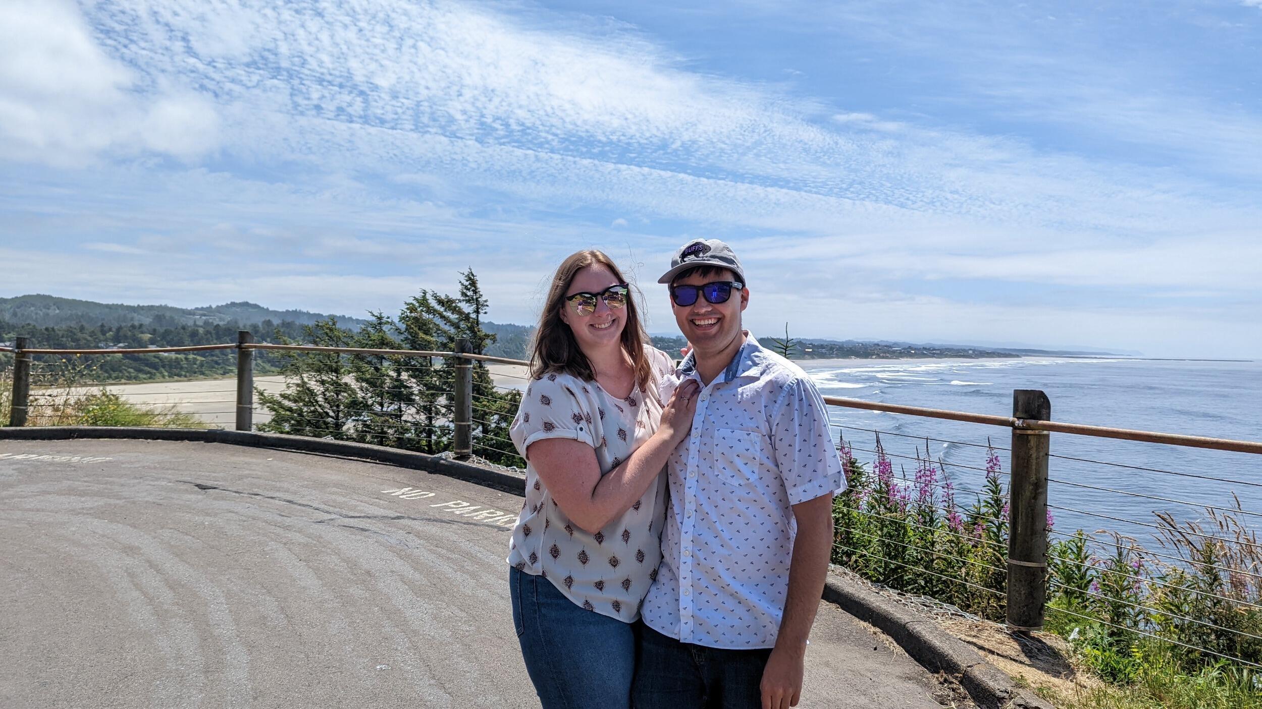 We got engaged! Karl's plan to propose at the top of the Yaquina Lighthouse in Oregon was foiled, but the spot we found was still perfect