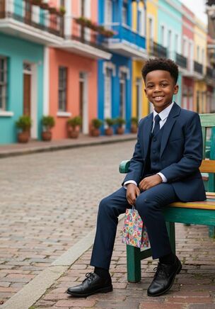 The "Mason" Navy 5-Piece Suit Set, designed by Little Tuxedos, is part of our Essentials Collection.  At an attractive price point, the Essentials Collection is one of our best sellers!  Available in both classic fit and husky fit, the Essentials will accommodate kids of different shapes & sizes.  Kids also love to show off the interior blue abstract premium lining!  An expandable waist feature, adjustable vest, and adjustable necktie provide additional comfort for your little one.