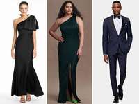 Collage of three black tie wedding guest outfits for men and women.