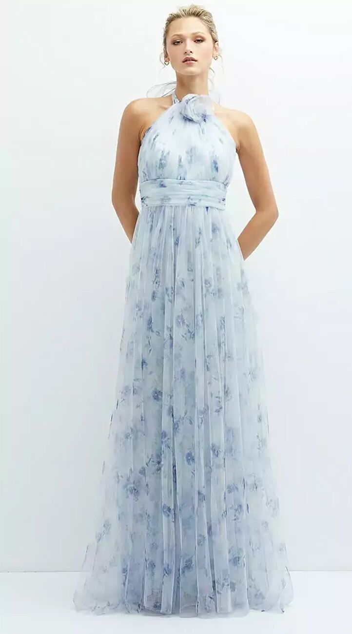 Dessy Group blue floral halter neck bridesmaid dress