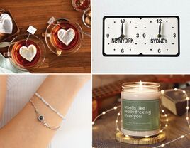 Four long distance relationship gift ideas: heart-shaped teabags, two-timezone clock, scented candle, photo projection bracelet