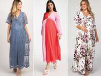 Collage of three maternity wedding guest dresses.