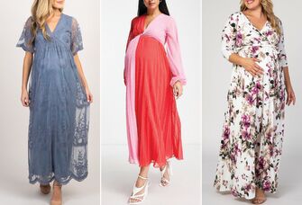 Collage of three maternity wedding guest dresses.