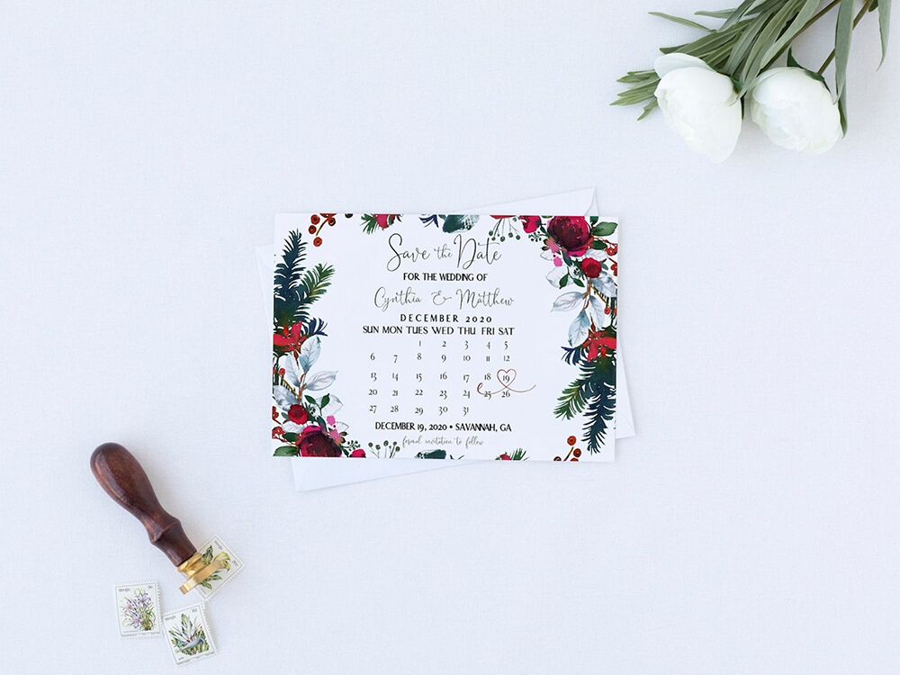 Countdown calendar design with Christmas florals bordering, heart around date of wedding