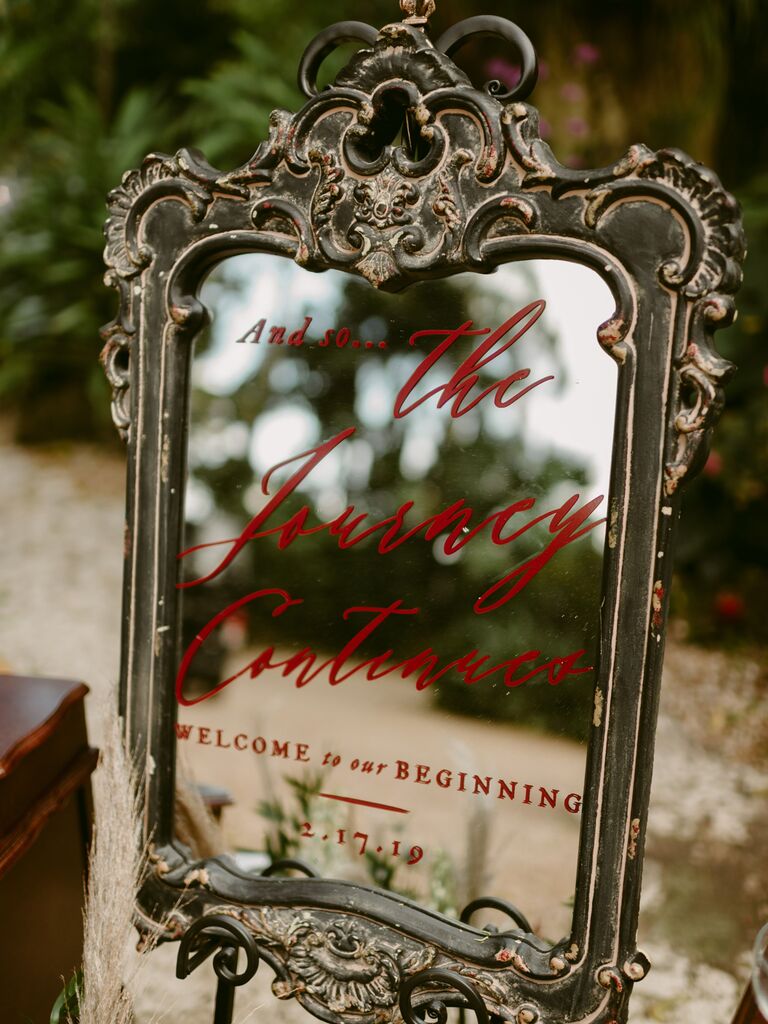 wedding sign quotes red cursive on mirror