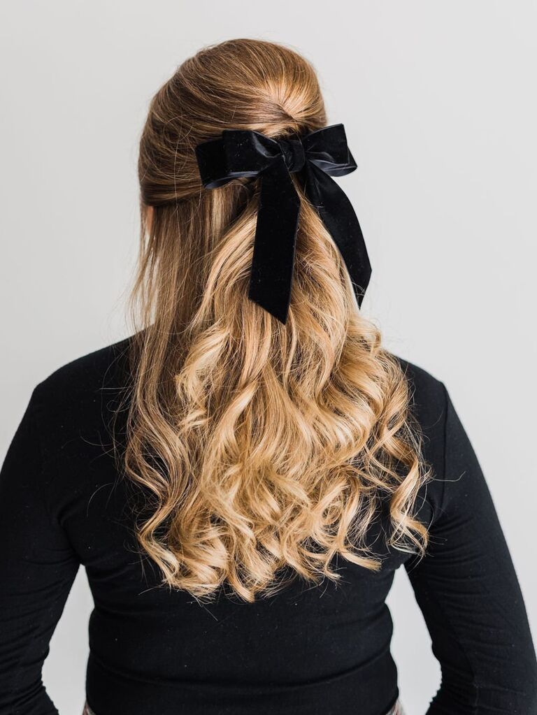 ASOS DESIGN bow hair clip with pearls in black velvet