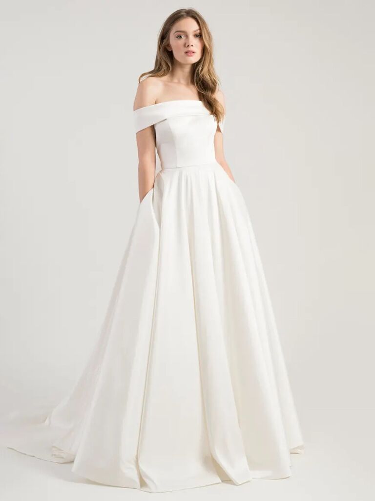 jenny yoo plain dark ivory off the shoulder wedding dress with pockets and pleated ball gown skirt