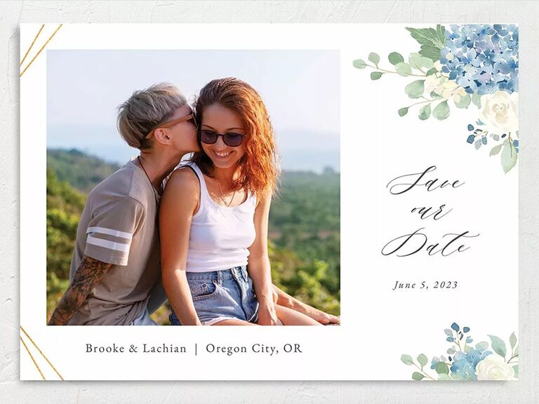 Blue watercolor hydrangeas in corners with personalized photo