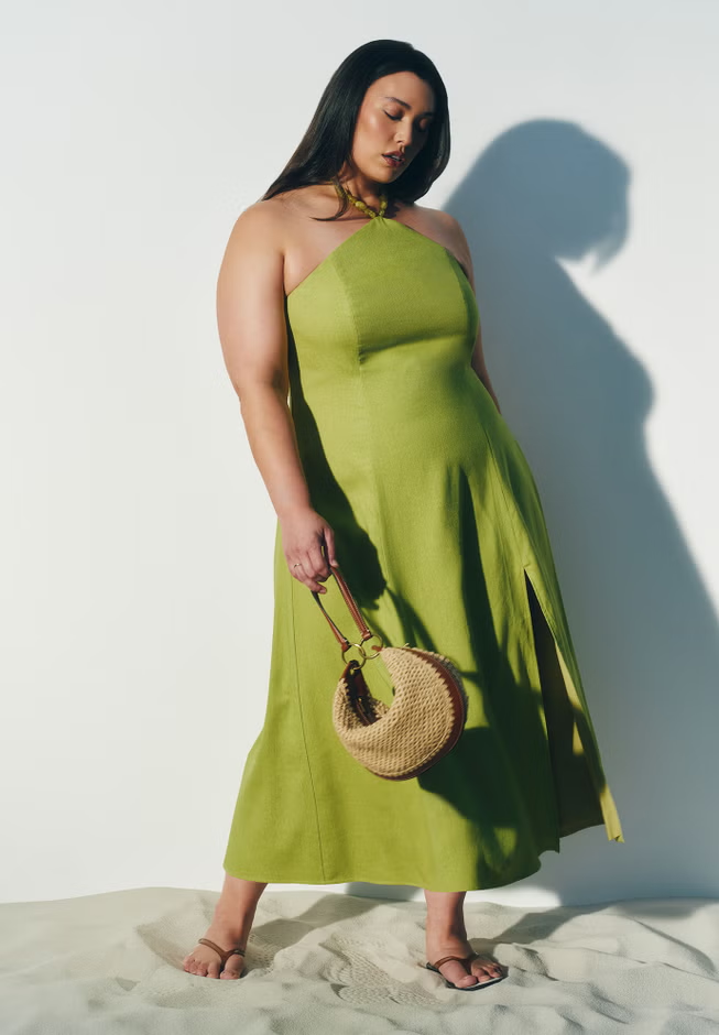 Eloquii green halter bridesmaid rehearsal dinner dress