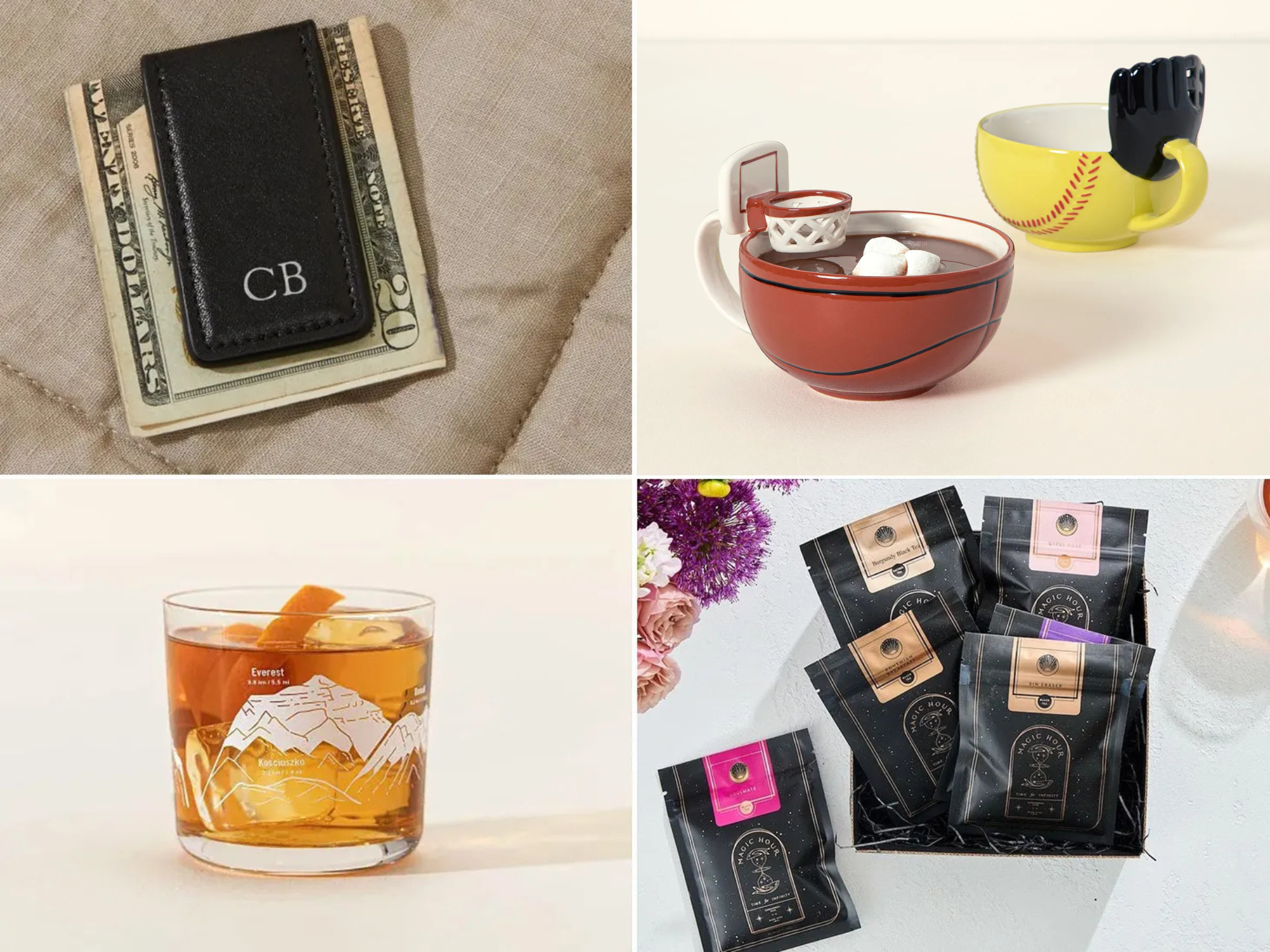 Four usher gifts, including cigars, a wallet, a personalized whiskey glass and tea. 