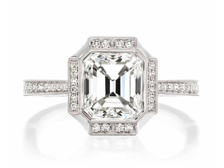greenwich st. jewelers emerald cut diamond engagement ring with round diamond halo and round diamond platinum band