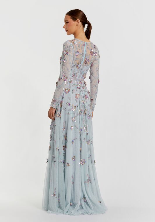 mac duggal evening - 11121d embroidered long sleeve a-line dress Light Blue Floral Embellished Gown Mother Of The Bride Zara Red Satin Button Summer 2025 Color:Light Blue