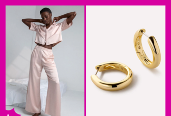 Two Valentine's gifts for wife: silk pajamas, gold hoop earrings