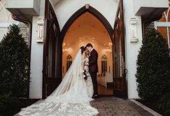 Couple in front of The Chapel at World Equestrian Center in Ocala, Florida