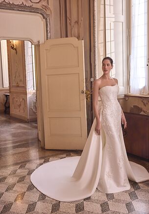 Mikado Fit and Flare Gown with Matte Lace Appliqués and 3D Flowers