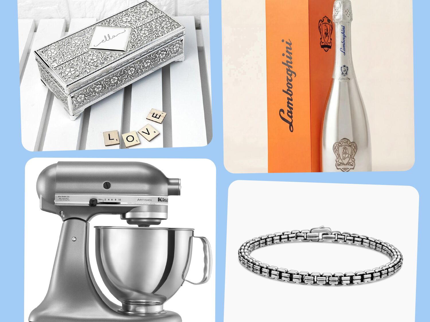 Four silver anniversary gifts: trinket box, Lamborghini prosecco, box chain bracelet, stand mixer