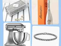 Four silver anniversary gifts: trinket box, Lamborghini prosecco, box chain bracelet, stand mixer