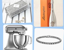 Four silver anniversary gifts: trinket box, Lamborghini prosecco, box chain bracelet, stand mixer
