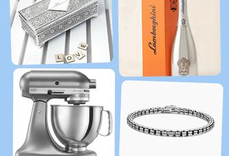 Four silver anniversary gifts: trinket box, Lamborghini prosecco, box chain bracelet, stand mixer