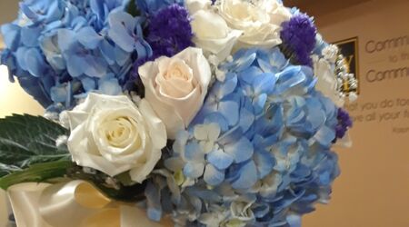 White and blue Long Wrist Corsage–Marjie's Flowers