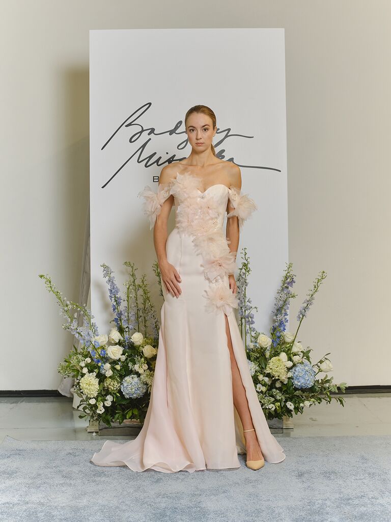 Badgley Mischka blush pink floral sleeve wedding dress