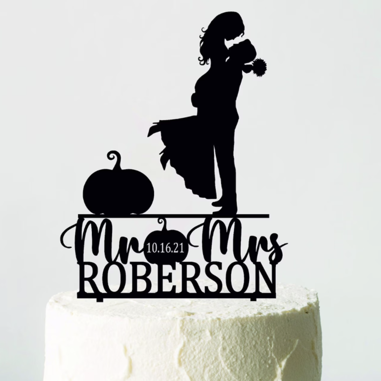 Pumpkin with Couple Silhouette Halloween Bridal Shower Cake Topper