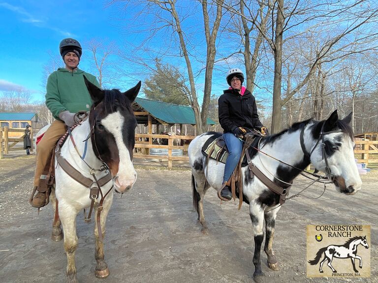 Chris rode Target, Emily got Apache and they pretended to be horse people for the day at Cornerstone Ranch in Princeton, MA