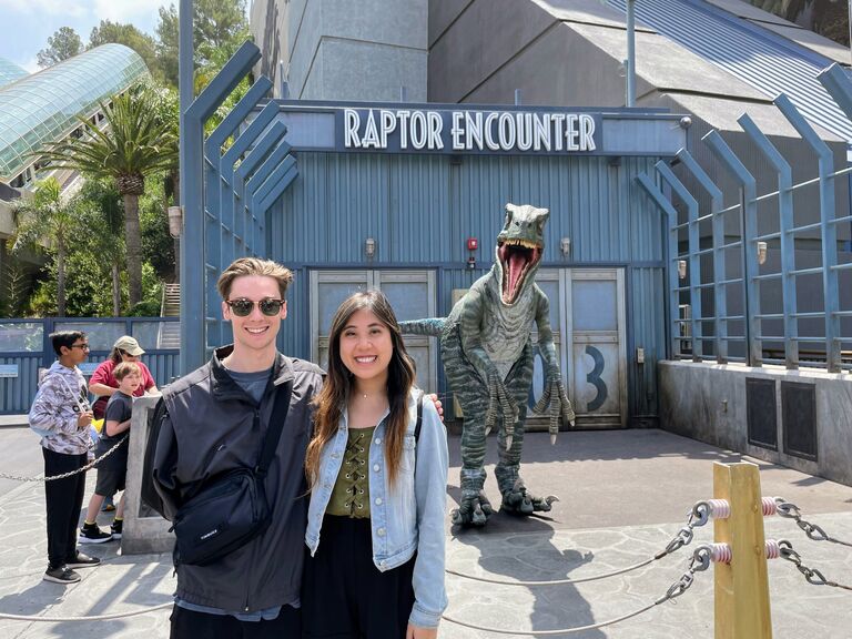Mike grew up playing with dinosaurs so we had to take the opportunity to meet one in real life! (Universal Studios LA)