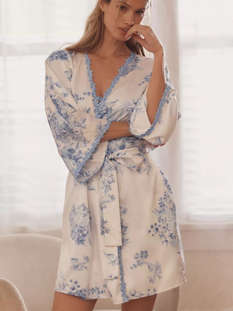 Flora Nikrooz x BHLDN blue and white floral bridal robe