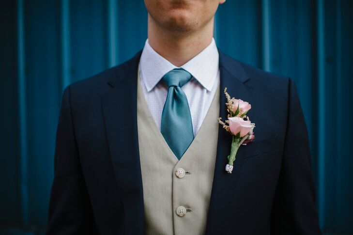 tan tux with navy blue