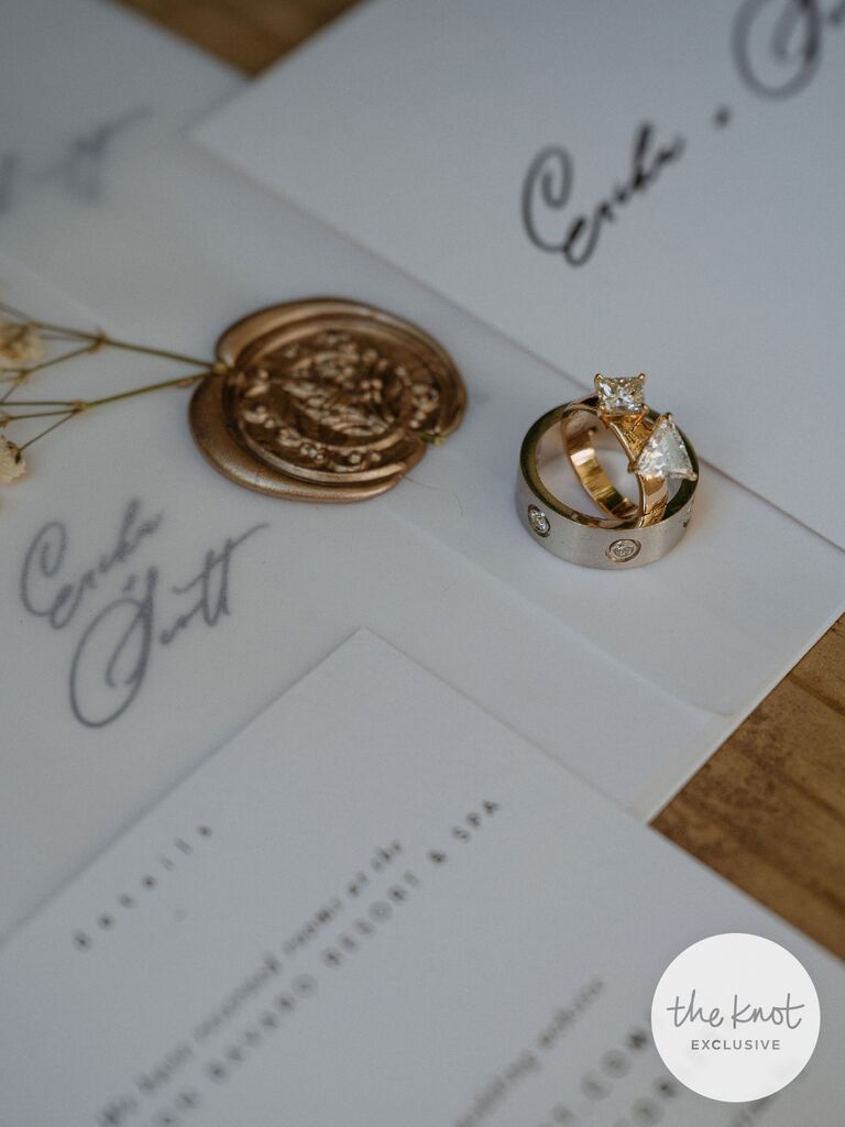Erika Priscilla and Scott's wedding rings sitting on their stationery