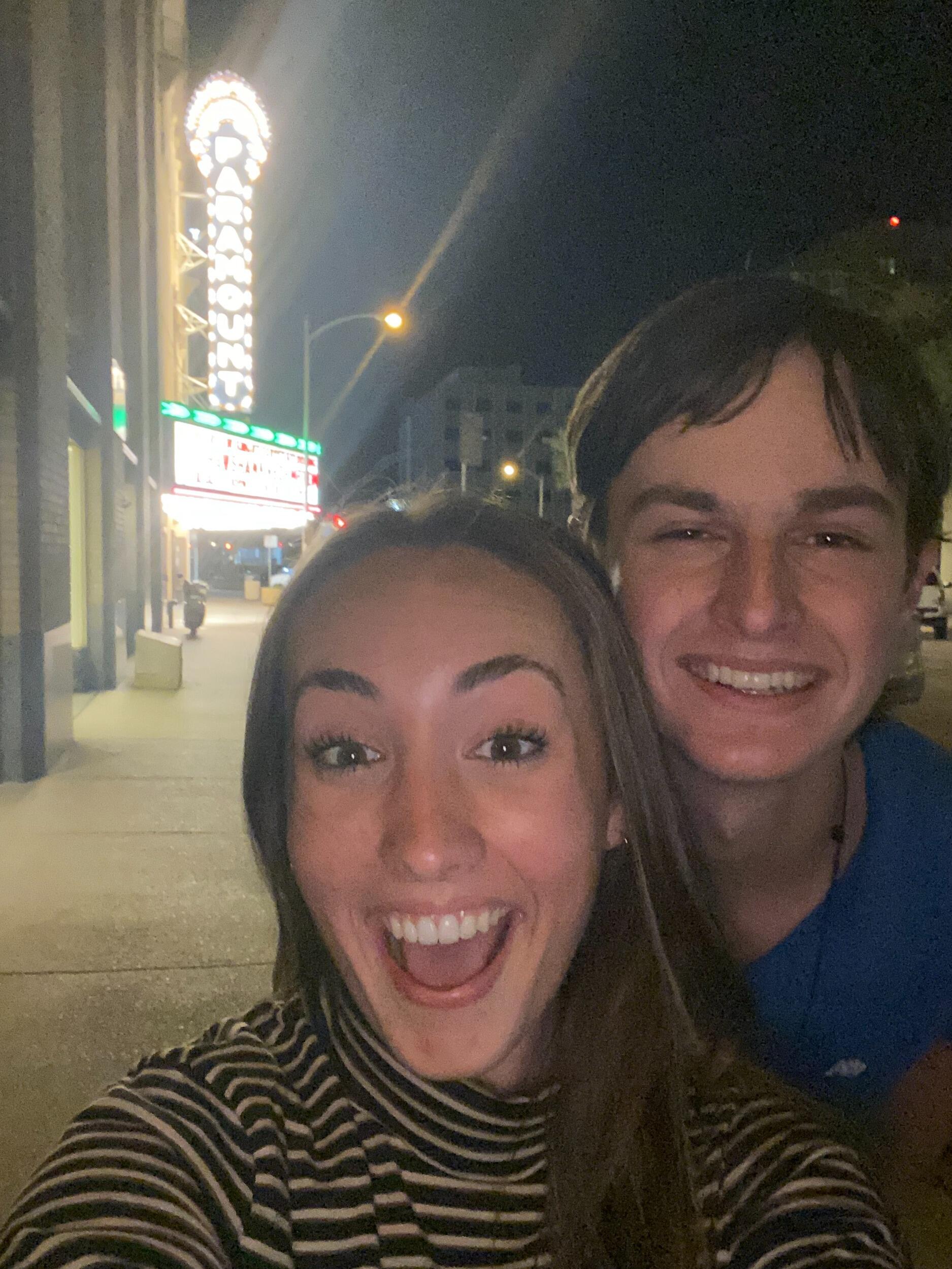 Their first date! Tyler picked Alli up at her college house, walked up to the door to get her, opened her car door for her, and had her favorite song playing when she got in the car. They then went to Chili's for dinner and the historic Paramount Theatre in Abilene to watch Psycho!