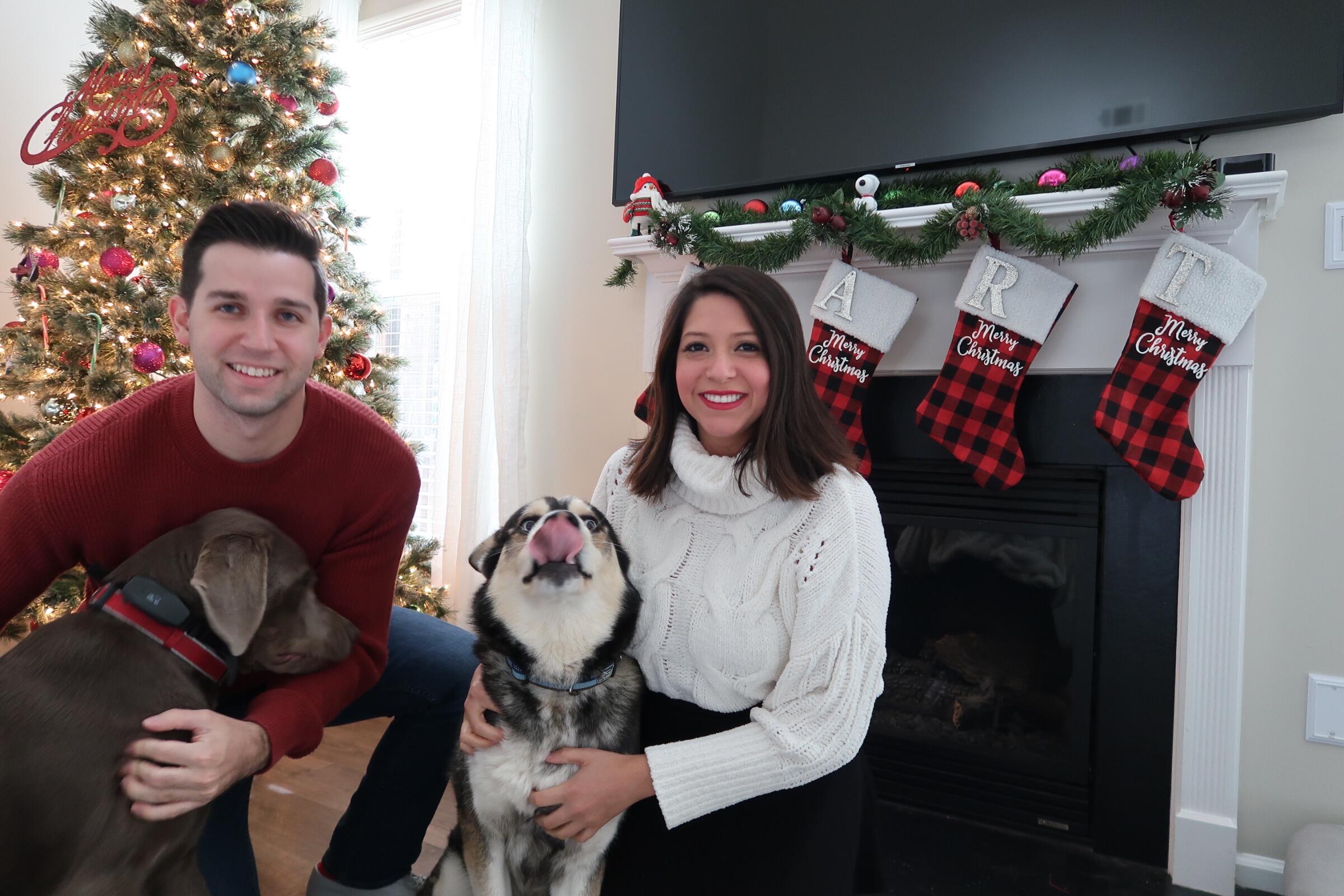 Our first Christmas together. Getting the dogs to look at the camera was quite the challenge!