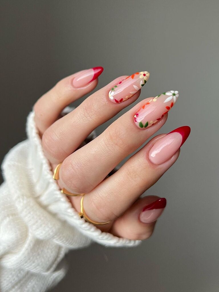 Red floral wedding nails