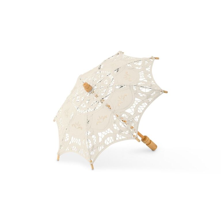 Cream-colored lace parasol with a wooden handle. 