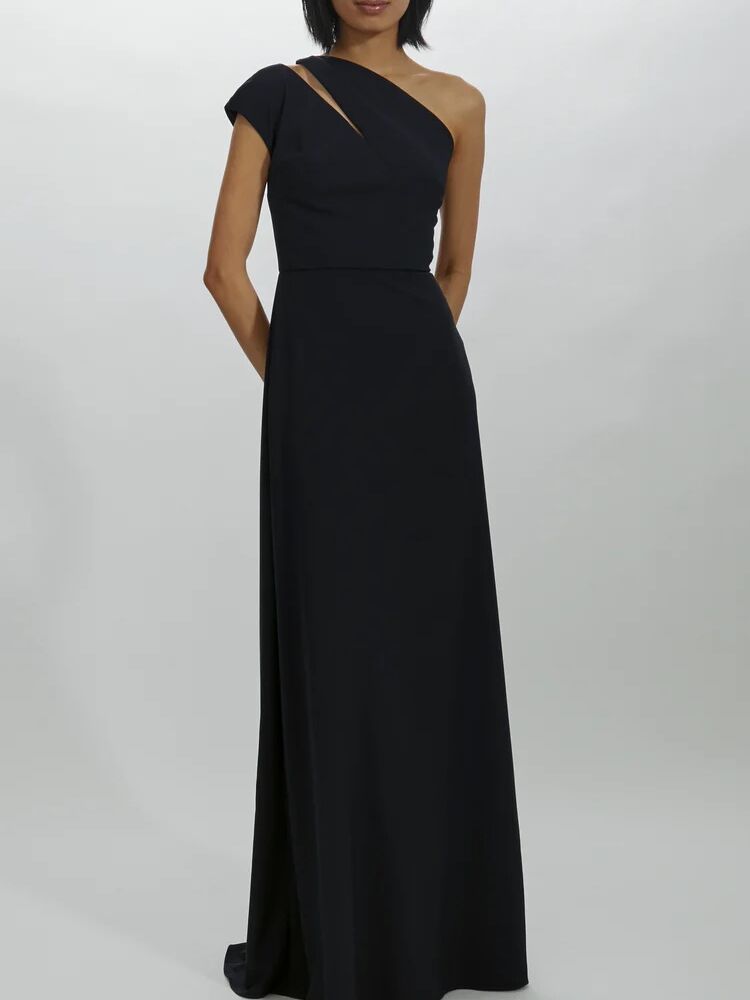 Crepe floor length dress with cutouts at one shoulder sleeve