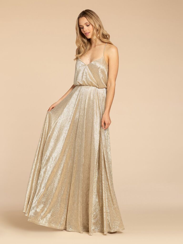 wedding shoppe metallic gold bridesmaid dress with v-neckline