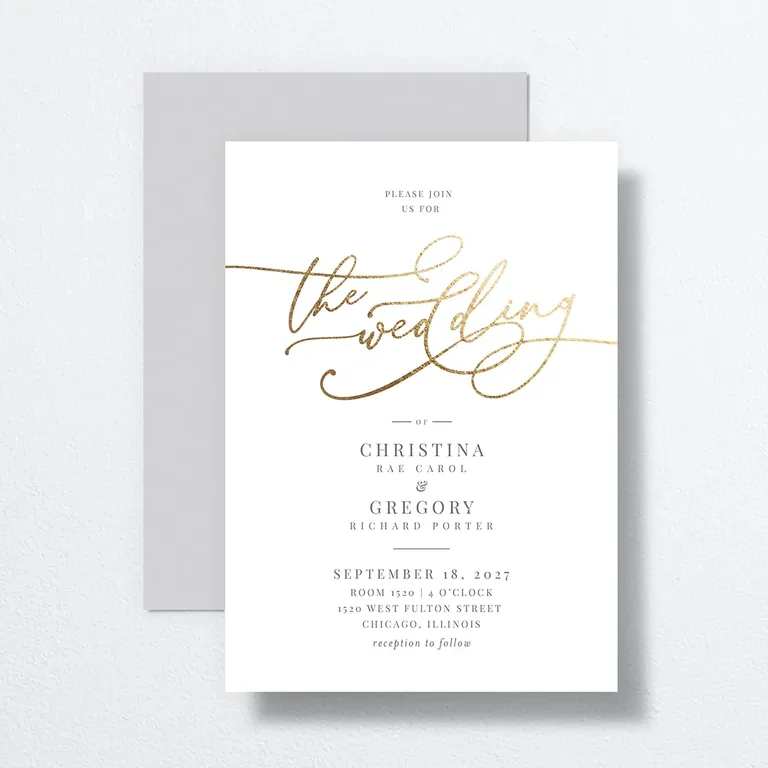 Romantic calligraphy foil wedding invitations from The Knot