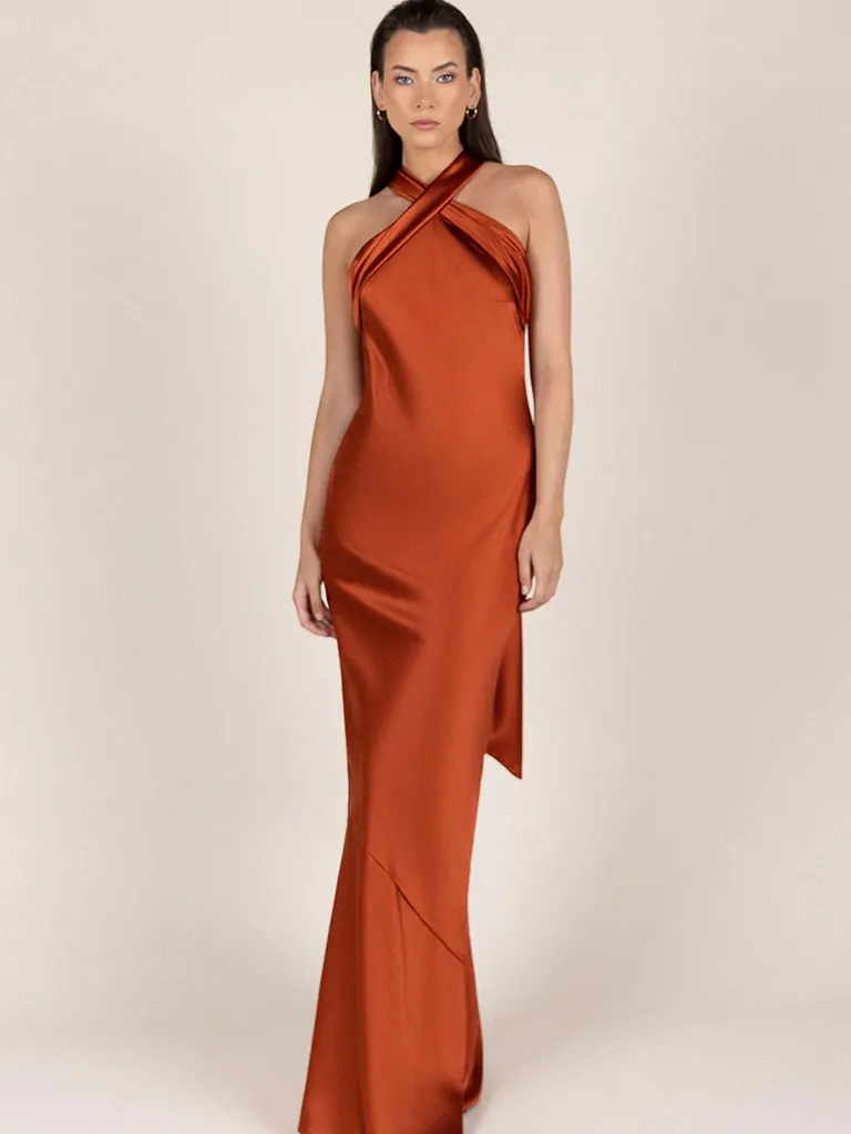 Buy AGASTI 100% Silk Dress in Rust Cowl Neck Silk Slip Dress