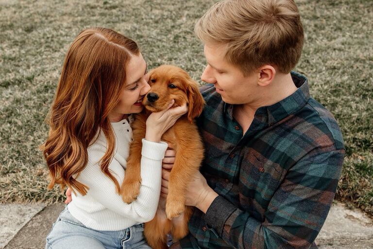 Olivia persuaded Jeron to drive in a snowstorm to "go look at puppies". 
Shortly after, they arrived back home with their newest furry friend, Dutton.