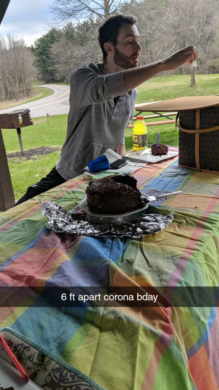 It was a windy day, so cake was blowing everywhere. Luke should've known what he was getting into when I brought a tape measure and measured out 6 feet between us.