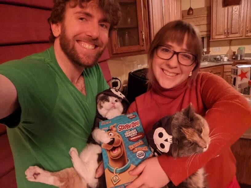 Celebrating our first dating anniversary and torturing the cats with sweaters. 